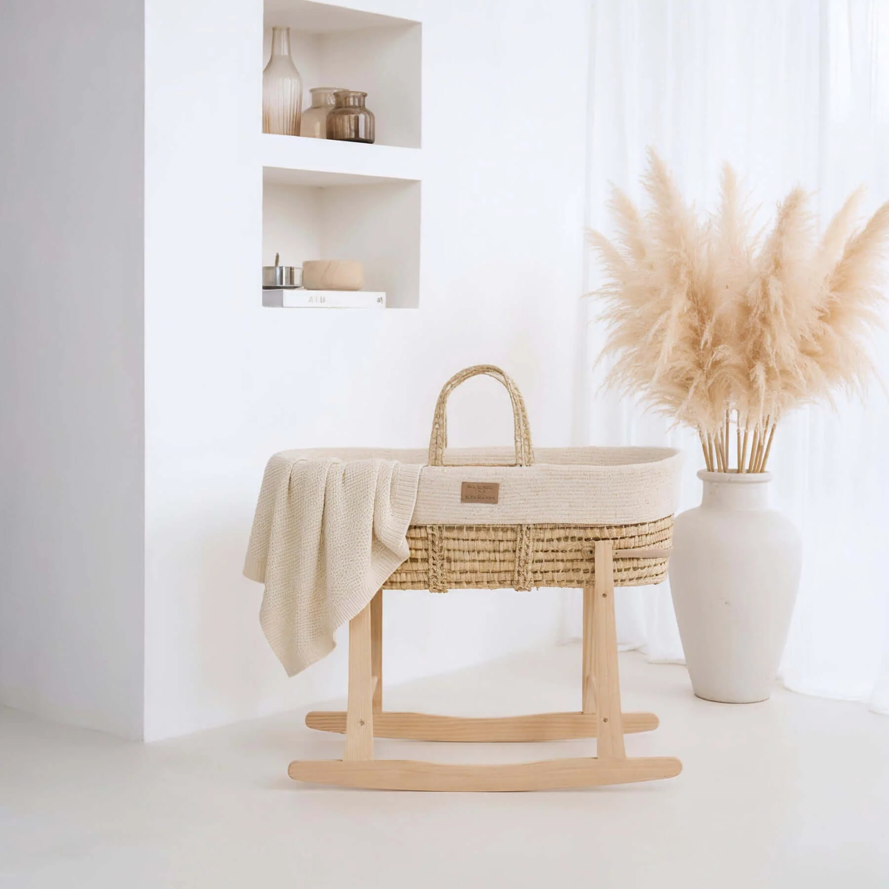 Organic Knitted Palm Moses Basket With Stand and Bedding Bundle