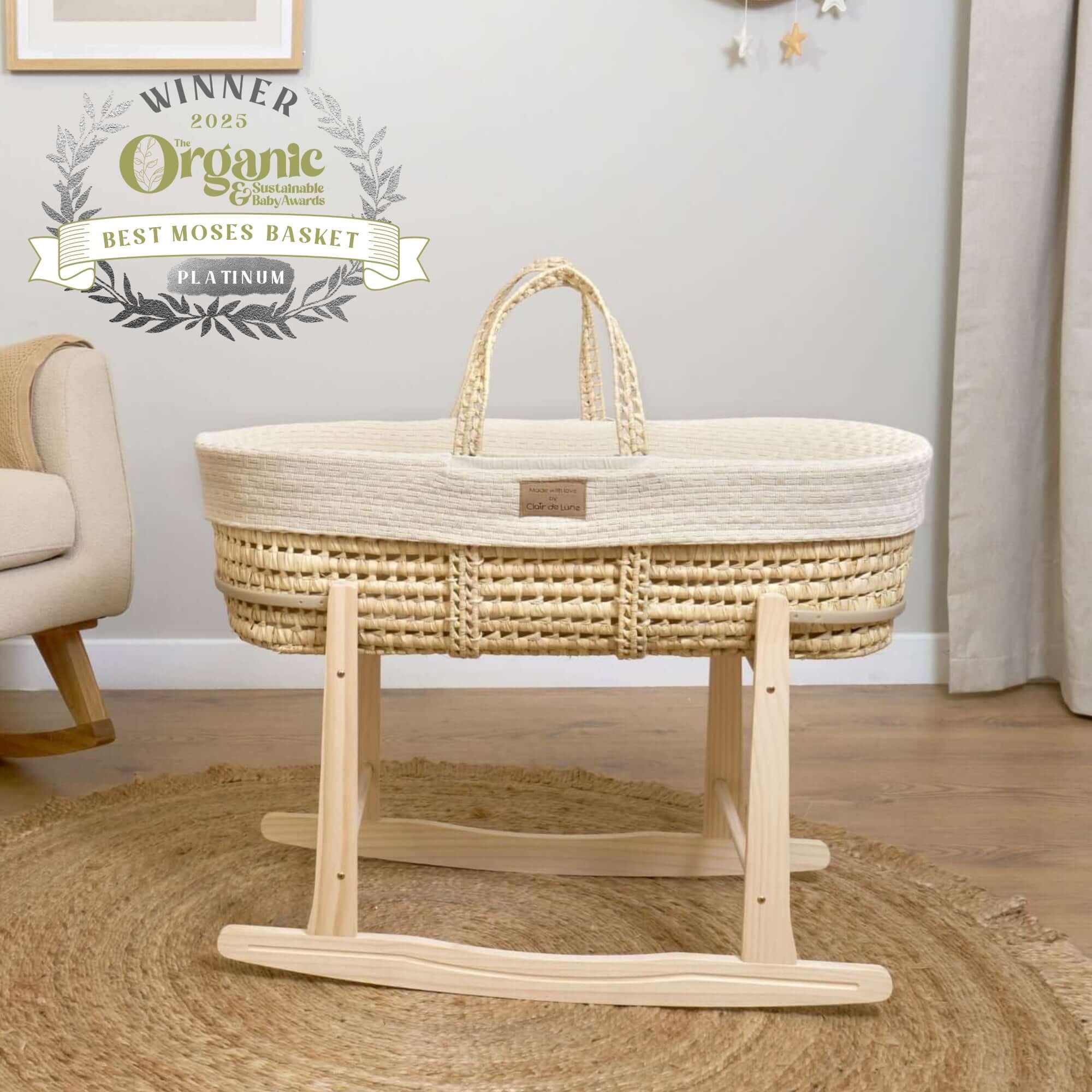 Organic Knitted Palm Moses Basket With Stand and Bedding Bundle - Image 6